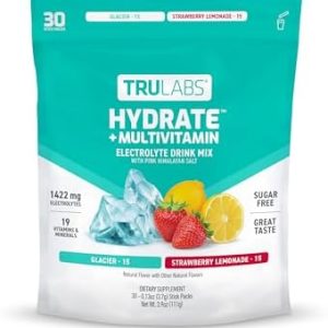 TRULABS Hydrate + Multivitamin 30ct – 2 Flavors – Glacier & Strawberry Lemonade. Sugar Free Electrolytes Hydration Packets. Each Serving Contains 1422 mg of Electrolytes &19 Vitamins & Minerals.